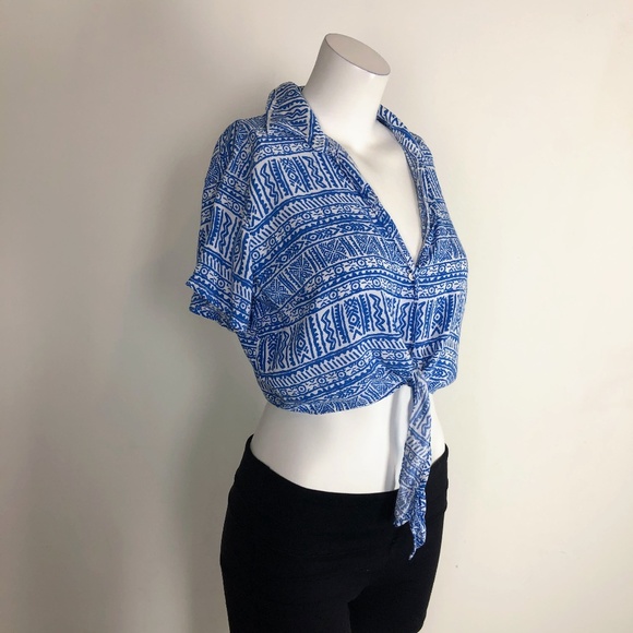 American Apparel Tops - American Apparel Blue White Crop Top Tie Bottom